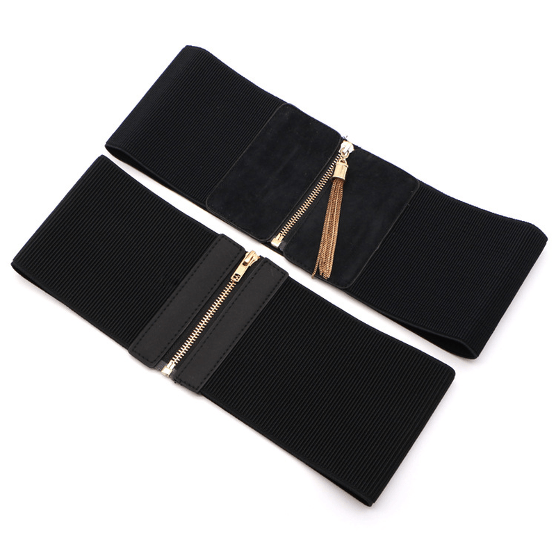 women's wide black elastic woven waist belt, view 5 - MRSLM
