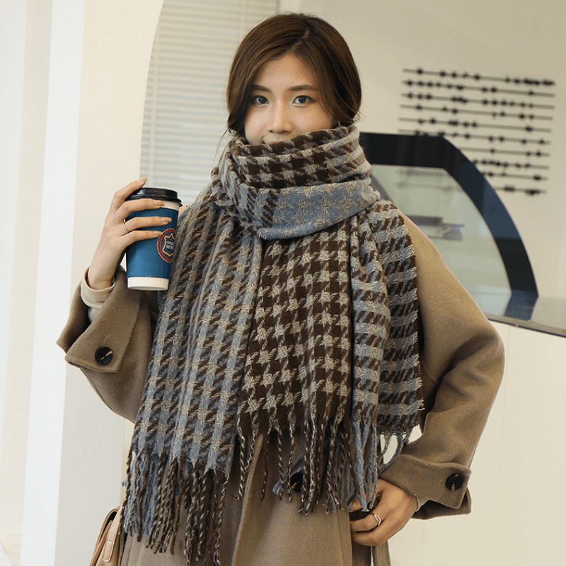 houndstooth imitation cashmere scarf with tassels, view 3 - MRSLM