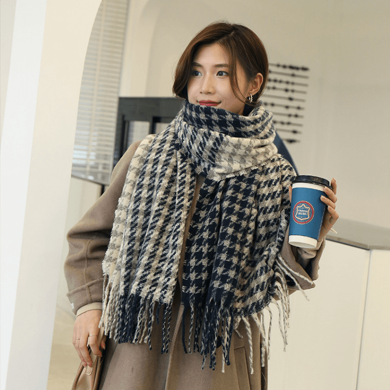 houndstooth imitation cashmere scarf with tassels, view 5 - MRSLM