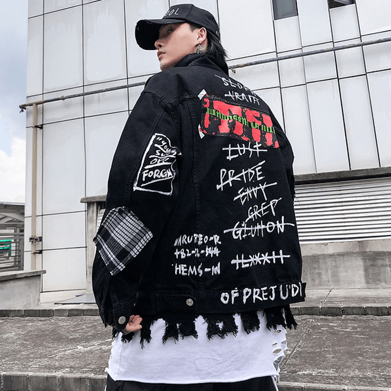 Men's black printed denim jacket, view 5 - MRSLM