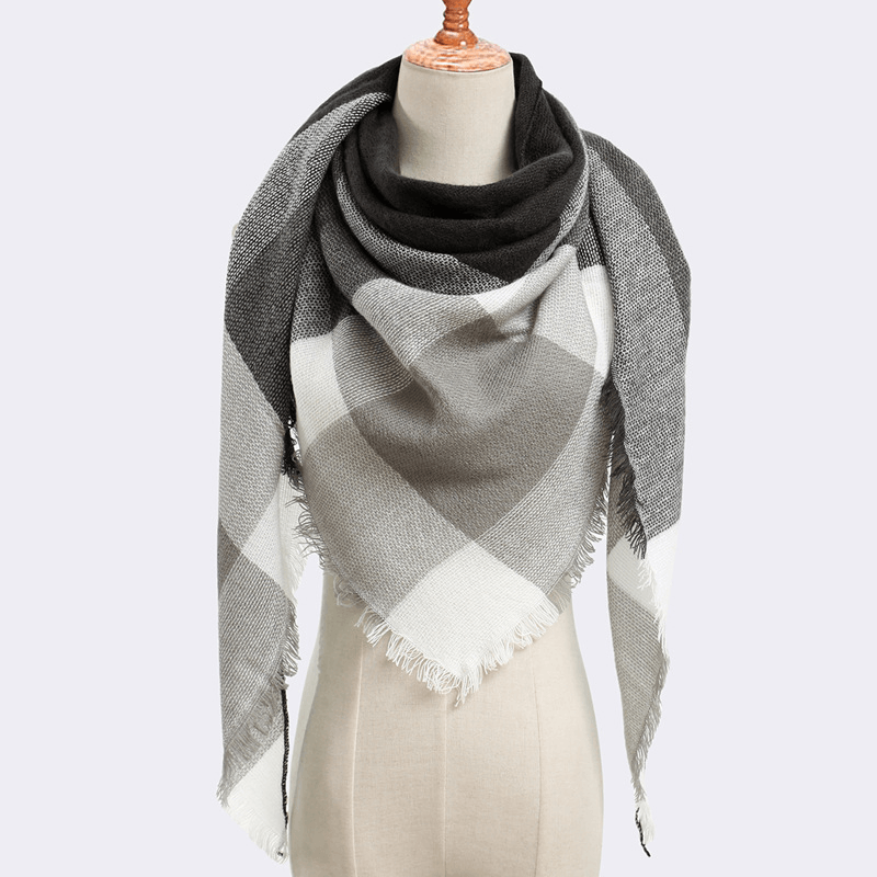 imitation cashmere triangle scarf with grid print, view 4 - MRSLM