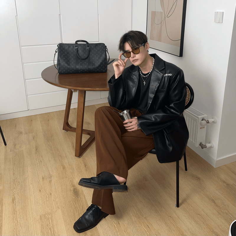 Embroidered retro PU leather suit jacket, view 4 - MRSLM