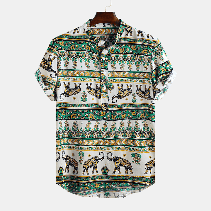 Mens Ethnic Style Pattern Printing Summer Loose Henley Shirt - MRSLM