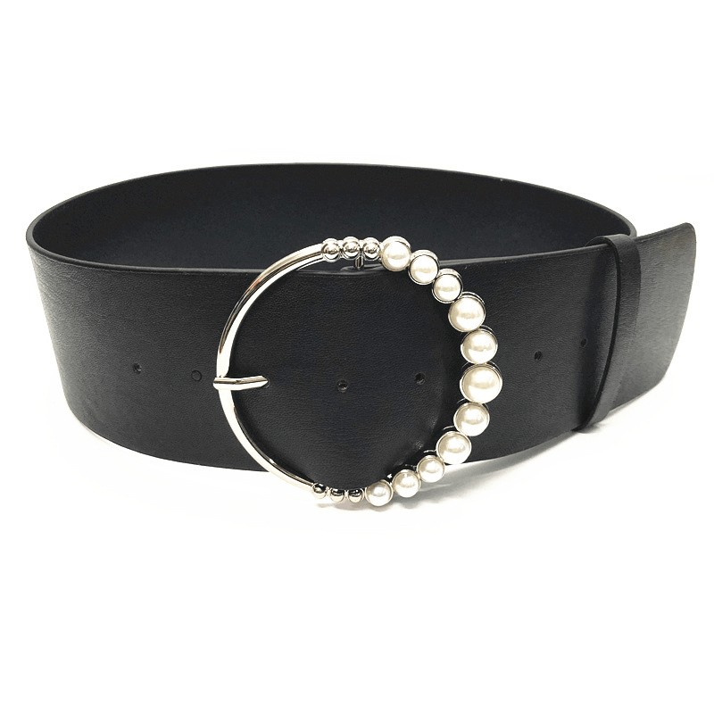 women's wide imitation leather round buckle belt, view 3 - MRSLM