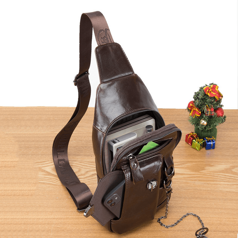 BULLCAPTIAN Men Multi-Pocket Soft Leather Chest Bag Vintage Mobile Phone Holder Chain Crossbody Shoulder Bag - MRSLM