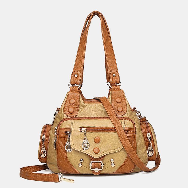 Women PU Leather Large Capacity Multi-Pocket Rivet Decoration Retro Soft Tote Handbags Crossbody Bags - MRSLM