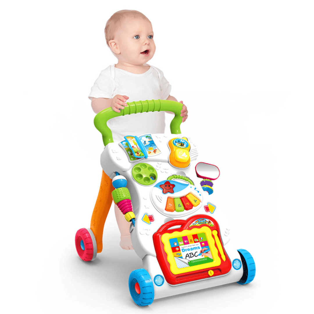 Multifunctional Baby Walker Infant Stand-To-Sit Toddler Four Wheels Learning Walking Toys Piano Drawing Gift for 6-12 Months - MRSLM