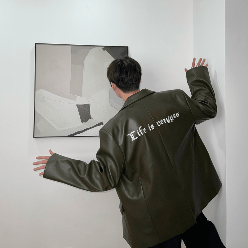 Embroidered retro PU leather suit jacket, view 8 - MRSLM