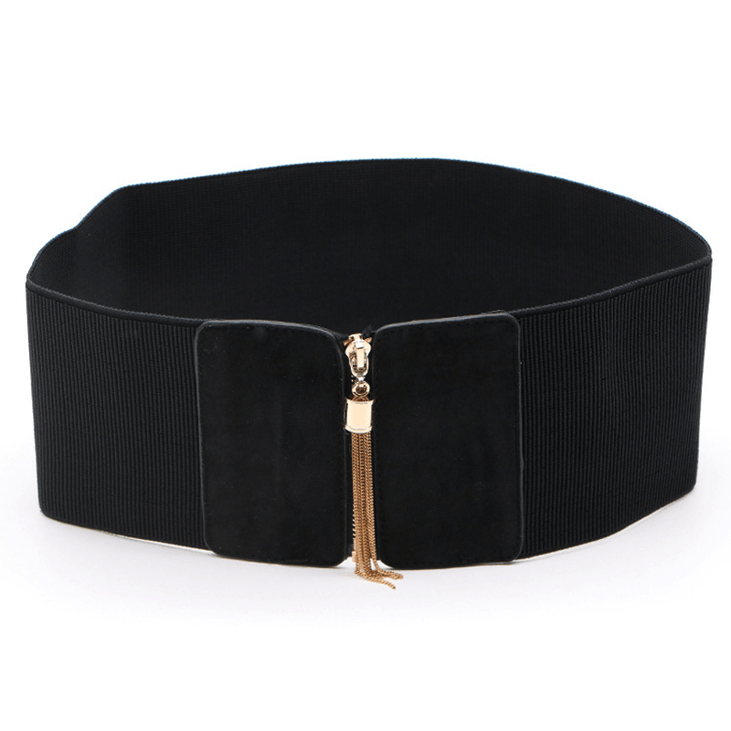 women's wide black elastic woven waist belt, view 2 - MRSLM