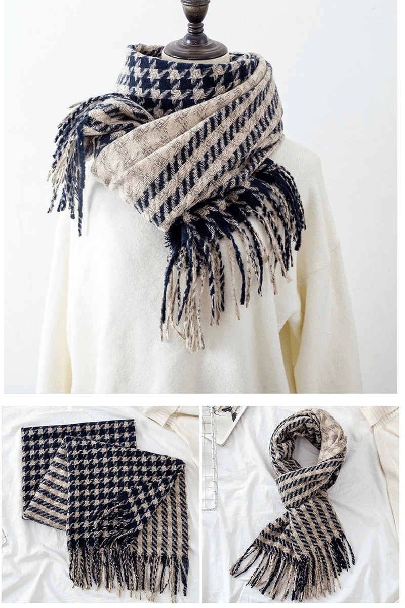 houndstooth imitation cashmere scarf with tassels, view 4 - MRSLM