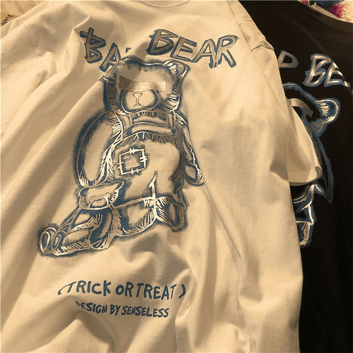 2021 Summer New Ins Tide Brand Creative Graffiti Bear Print Short-Sleeved T-Shirt Male Loose Half-Sleeved round Neck T-Shirt - MRSLM