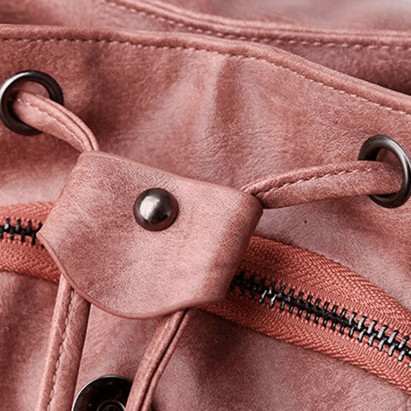 Women PU Leather Multi-Pockets Inner Magnetic Button Backpack Vintage Simple Drawstring Hasp Laptop Bag - MRSLM