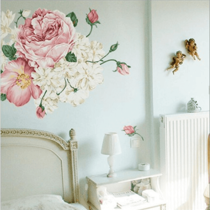 Pink Peony Rose Flower Blossom Wall Stickers Kids Baby Room Art Decorations - MRSLM
