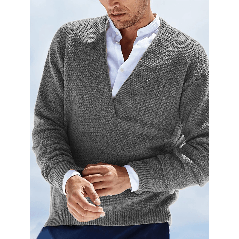 Solid Color Long-Sleeved V-Neck Knitted Men's Sweater