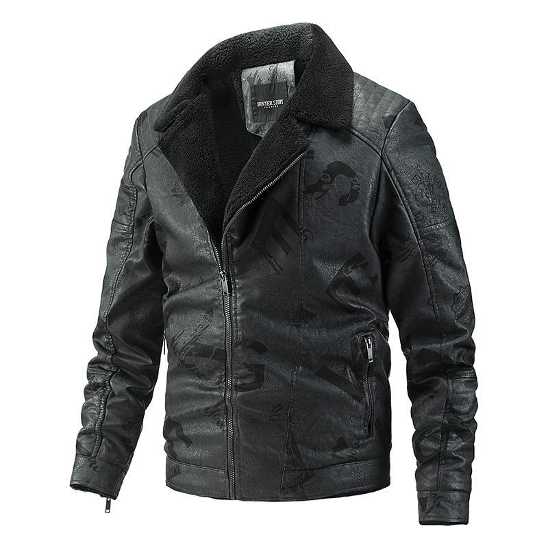 Fall Winter Lapel Men's plus Velvet Motorcycle PU Leather Jacket