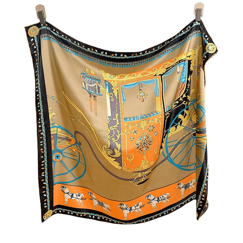 classic orange print large square silk scarf, view 4 - MRSLM