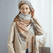 women's plaid wool tassel scarf, view 3 - MRSLM