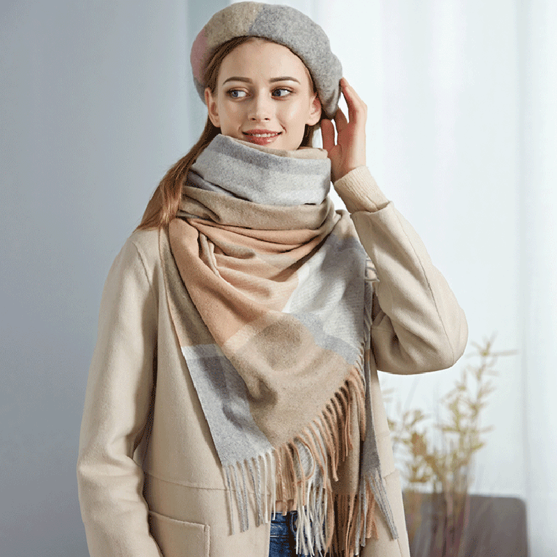 women's plaid wool tassel scarf, view 3 - MRSLM