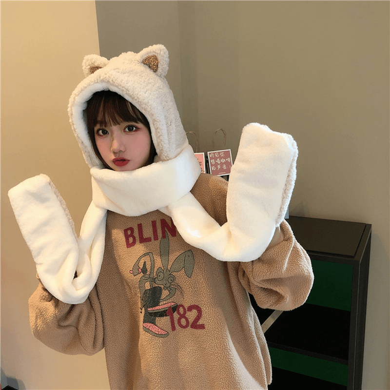 cat ears plush hat earmuff and glove set, view 8 - MRSLM