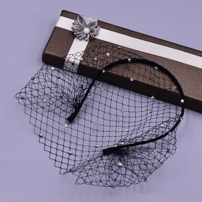 rhinestone veil mesh headband, view 2 - MRSLM