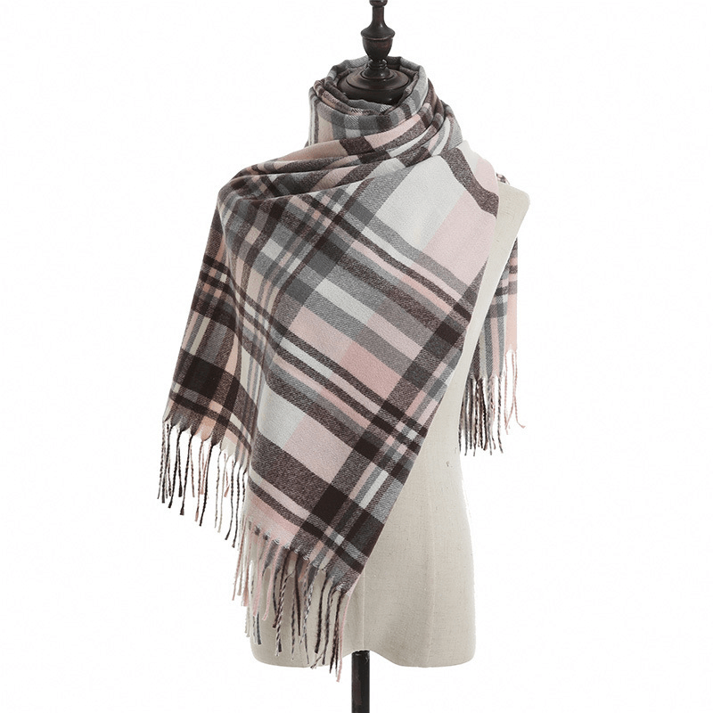 plaid imitation cashmere scarf with tassels, view 7 - MRSLM