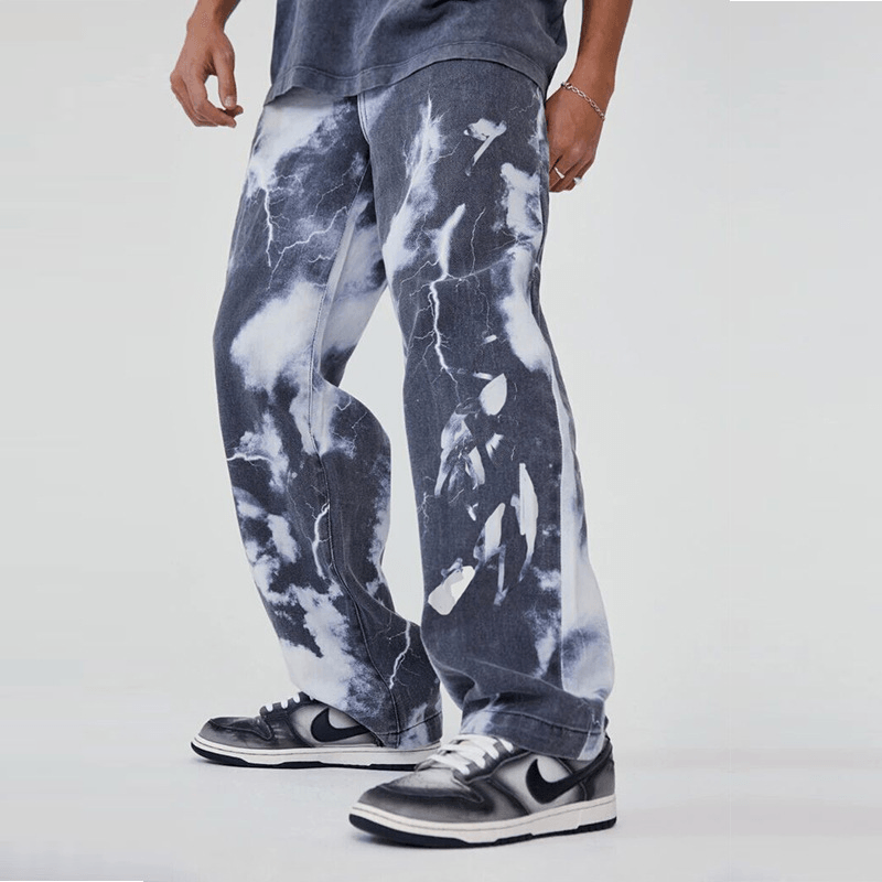 Trend High Street Washed Tie-Dye Printed Denim Trousers for Men