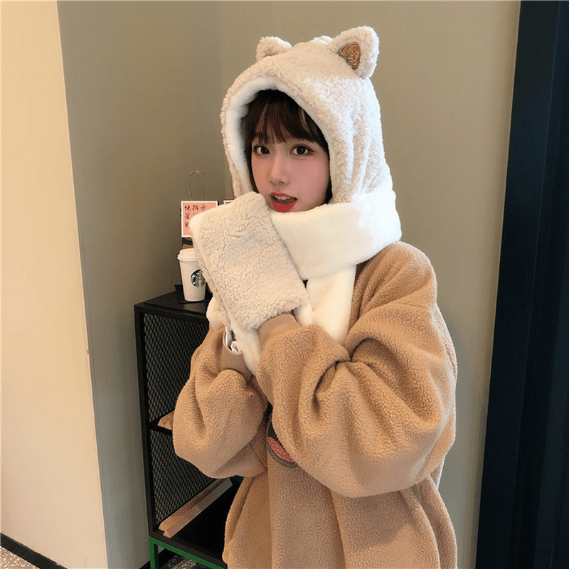cat ears plush hat earmuff and glove set - MRSLM