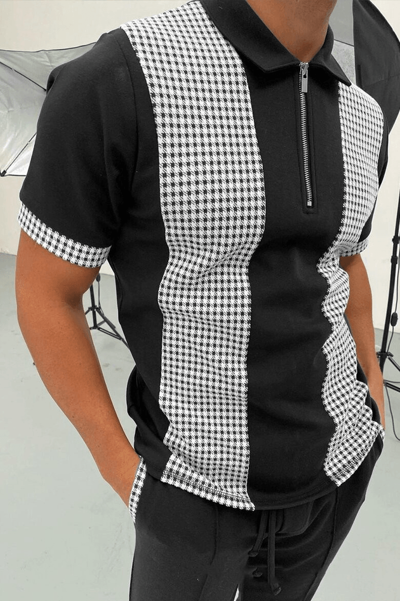 POLO Shirt Zipper Check Color Block Men'S T-Shirt - MRSLM