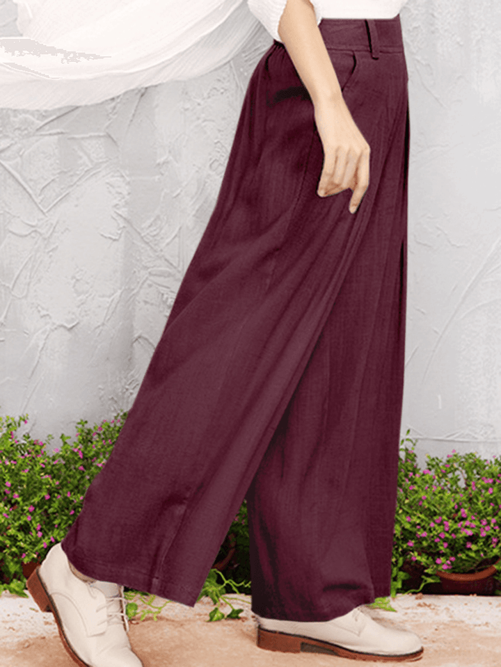 Wide-Legged Elastic Waist Solid Color Pants with Side Pockets - MRSLM