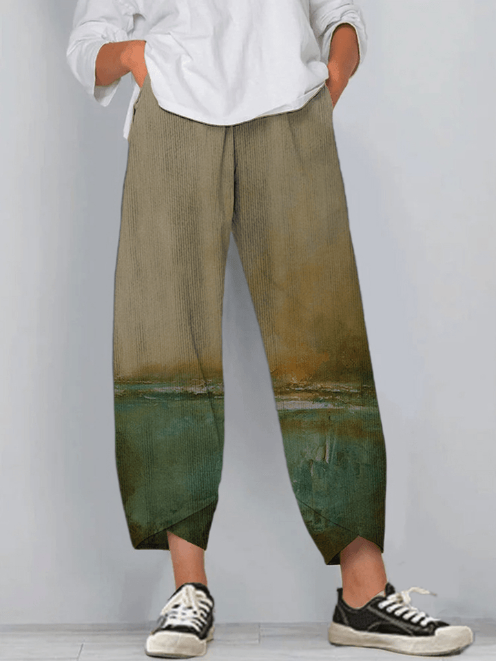 Women Landscape Print Corduroy Splited Elastci Waist Casual Harem Pants - MRSLM