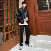 Black faux leather baseball collar jacket, view 3 - MRSLM
