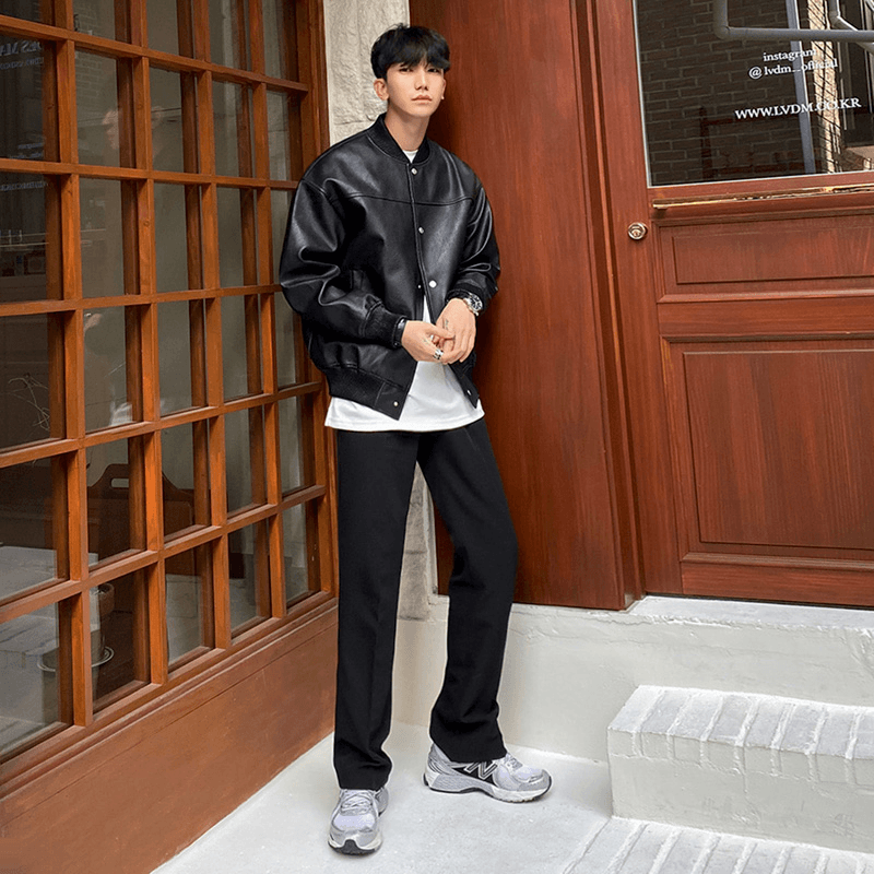 Black faux leather baseball collar jacket, view 3 - MRSLM