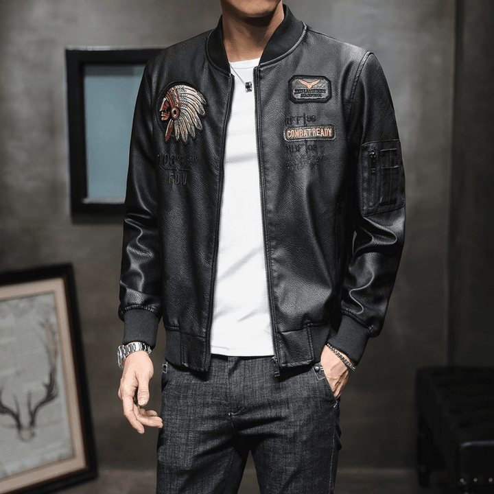 Men'S PU Leather Baseball Collar Embroidered Motorcycle Jacket - MRSLM