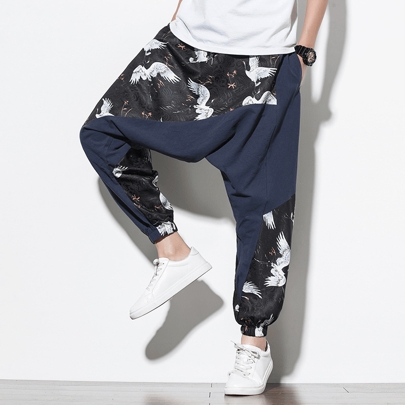 Chinese Style Crane Print Big Crotch Cotton and Linen Casual Pants - MRSLM