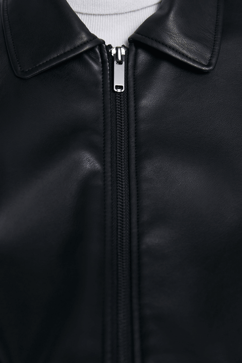 Women's short black PU leather jacket, view 8 - MRSLM