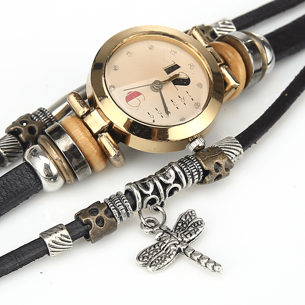Deffrun Vintage Multilayer Women Bracelet Watch Diamond Dragonfly Pendant Leather Band Quartz Watch - MRSLM