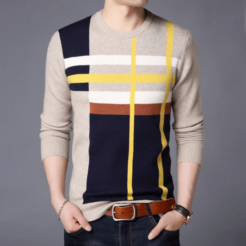 Men's round Neck Striped Loose Long Sleeve Sweater