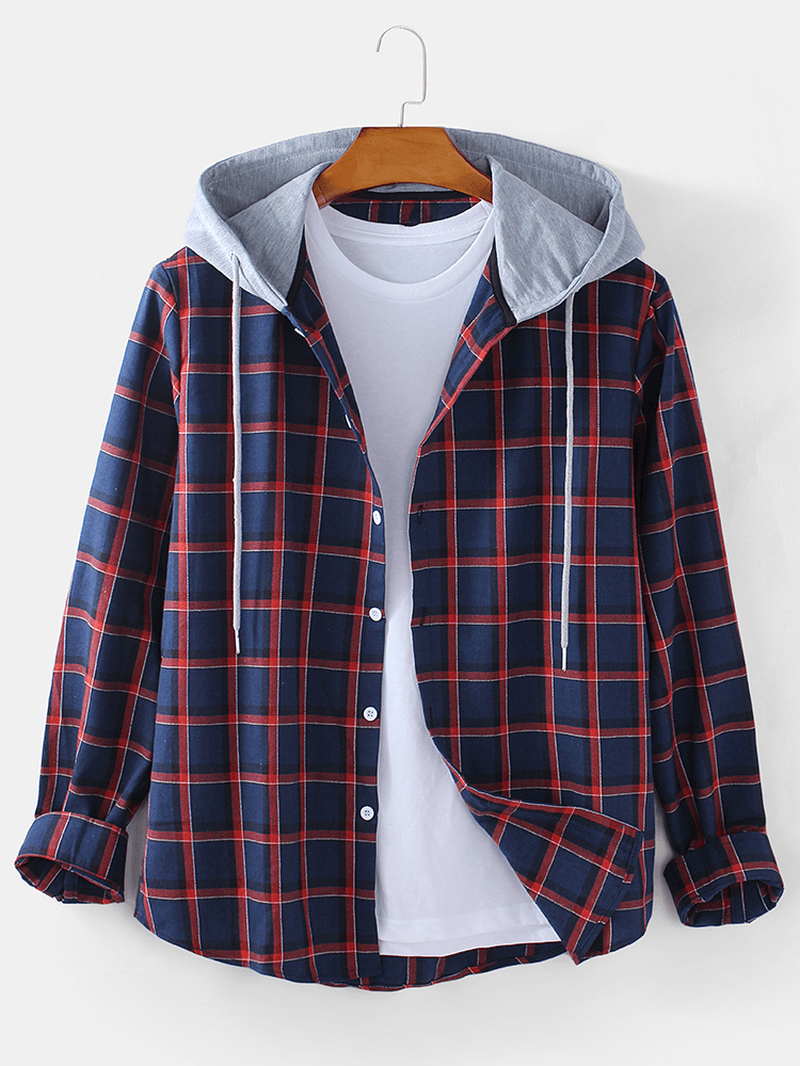 Mens Classical Check Button up Long Sleeve Casual Plain Drawstring Hooded Jacket - MRSLM