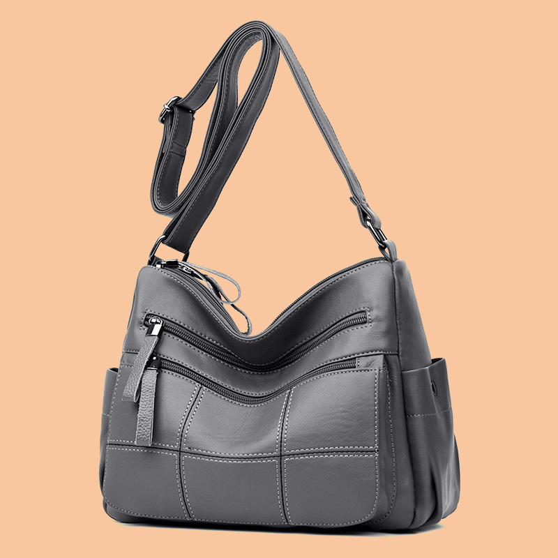 Women Solid Multi-Slot Soft Leather Crossbody Bag Leisure Stitching Messenger Bag - MRSLM