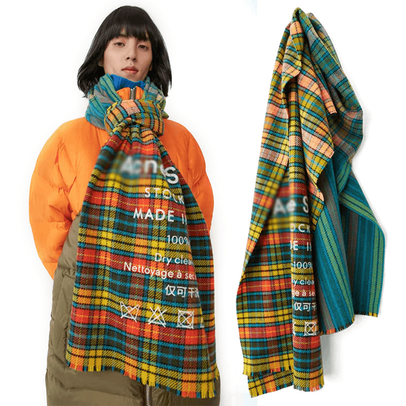 rainbow plaid wool blend scarf, view 2 - MRSLM