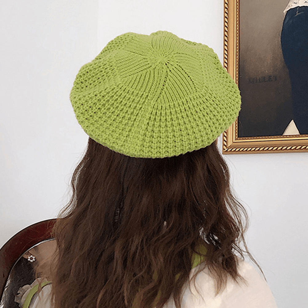 Women Solid Color Dome Hollow Breathable Knitted Hat Outdoor Windproof Sunshade Beret Cap - MRSLM