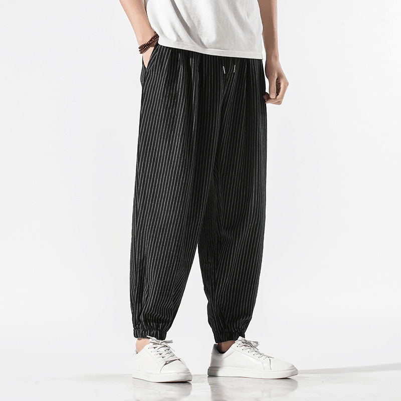 Chinese Style Cotton and Linen Casual Pants Men's Loose Striped Wide-Leg Pants