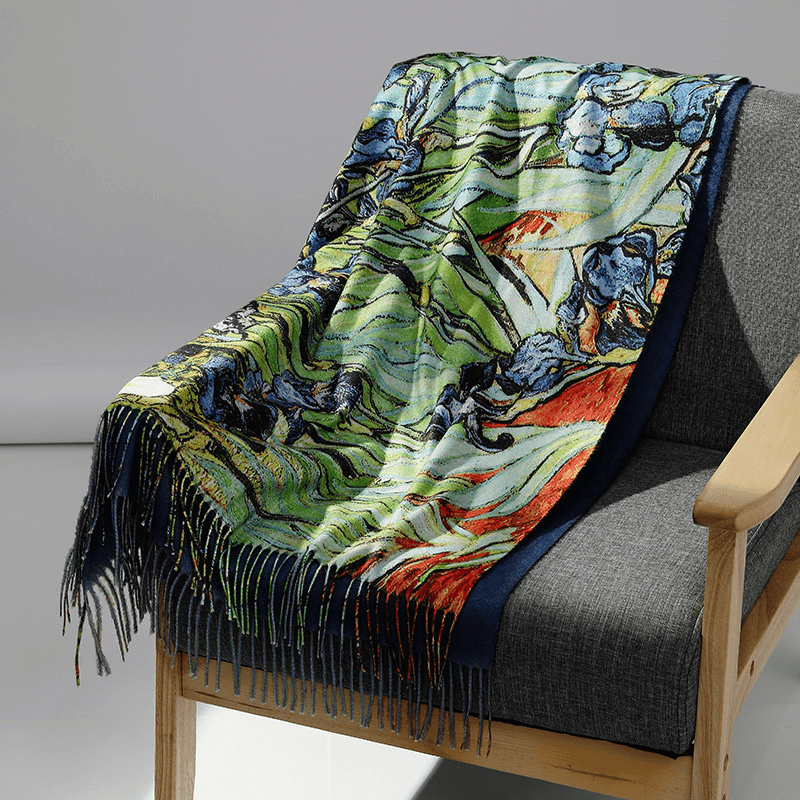 fringed long cashmere scarf with oil painting print, view 6 - MRSLM