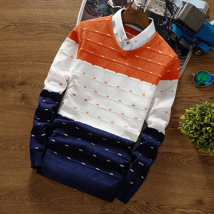 Men'S Knitted Sweater Fake Two-Piece Shirt Collar Sweater Men - MRSLM