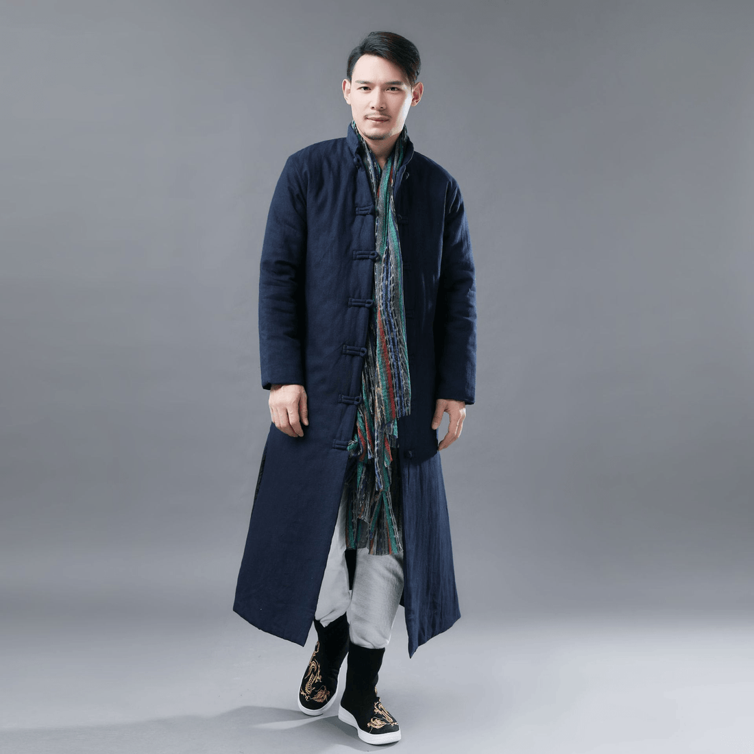 Folk Style Men's Cotton Jacket Solid Color Casual Standing Collar Cotton-Padded Jacket