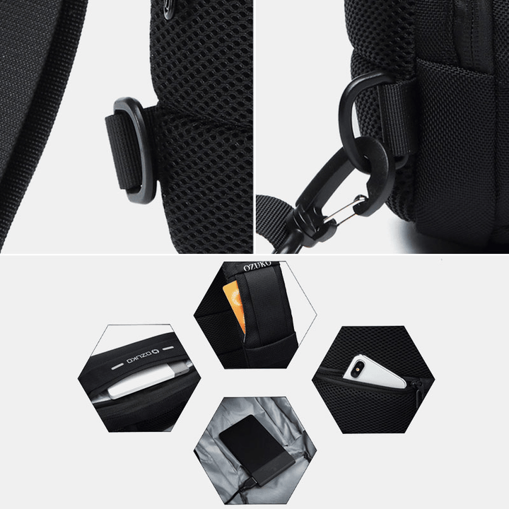 Men Oxford Password Lock Anti-Theft Waterproof Reflective Design Crossbody Bag Multi-Compartments USB Charging Chest Bag - MRSLM