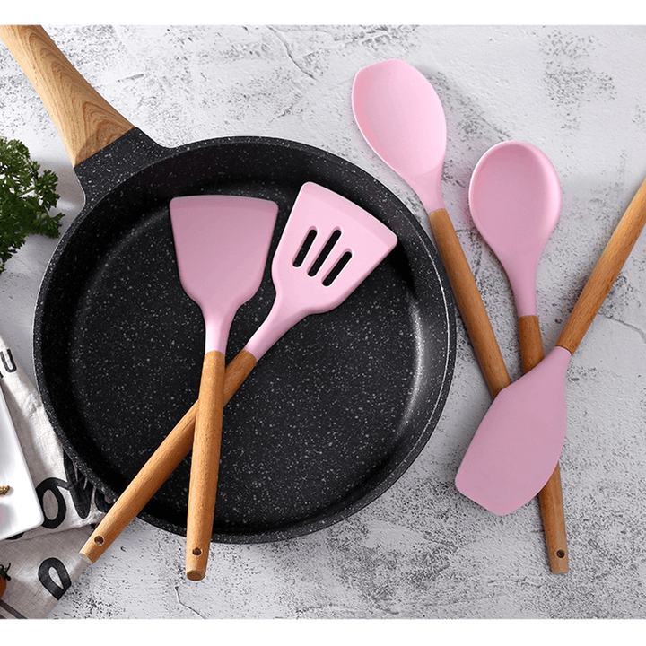 12Pcs Wooden Silicone Kitchen Utensil Nonstick Cooking Tool Spoon Soup Ladle Turner Spatula Tong Cookware Baking Gadget - MRSLM