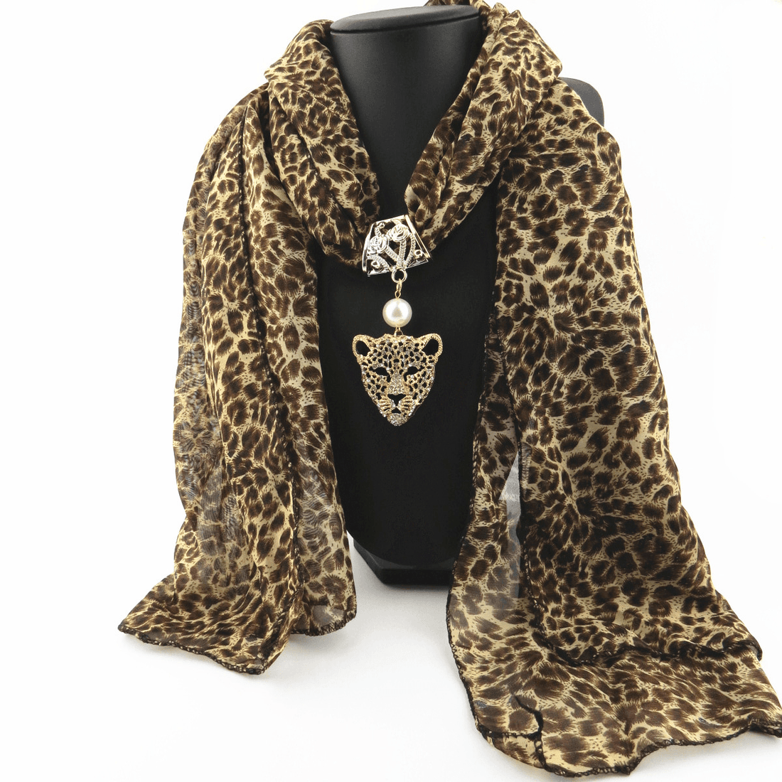 Elegant Print Alloy Pendant Scarf: Chiffon Necklace with Beaded Details