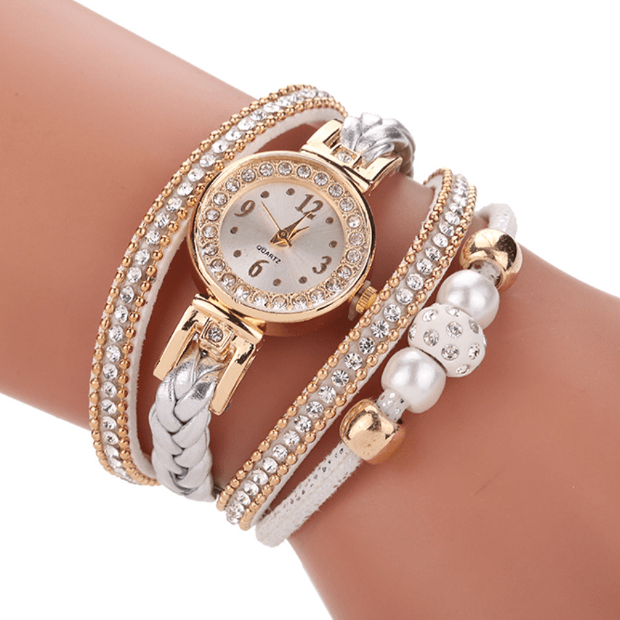 Fashion Style Women Pearl Braided Alloy Women Wrist Watch Laides Dress Quartz Watch Bracelet - MRSLM