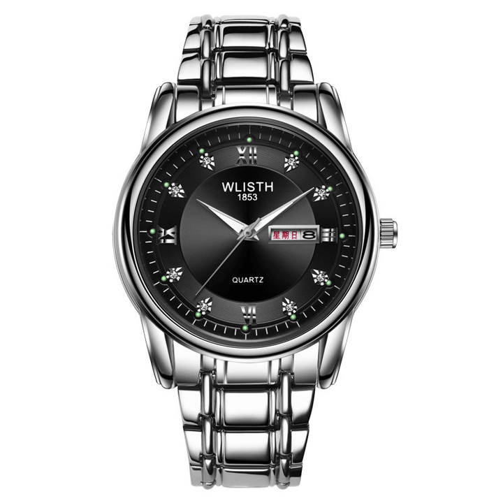 WLISTH Men Full Steel Belt Quartz Watch Business Luminous Waterproof Calendar Casual Wristwatch - MRSLM